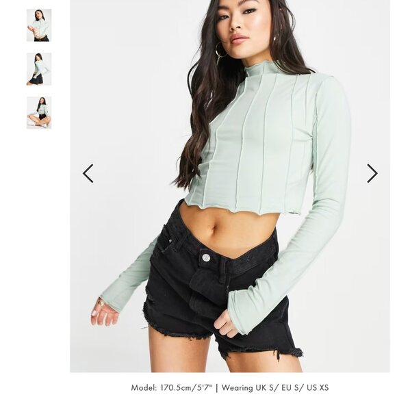 seam ribbed detail long sleeve crop top in sage green - Picture 3 of 8